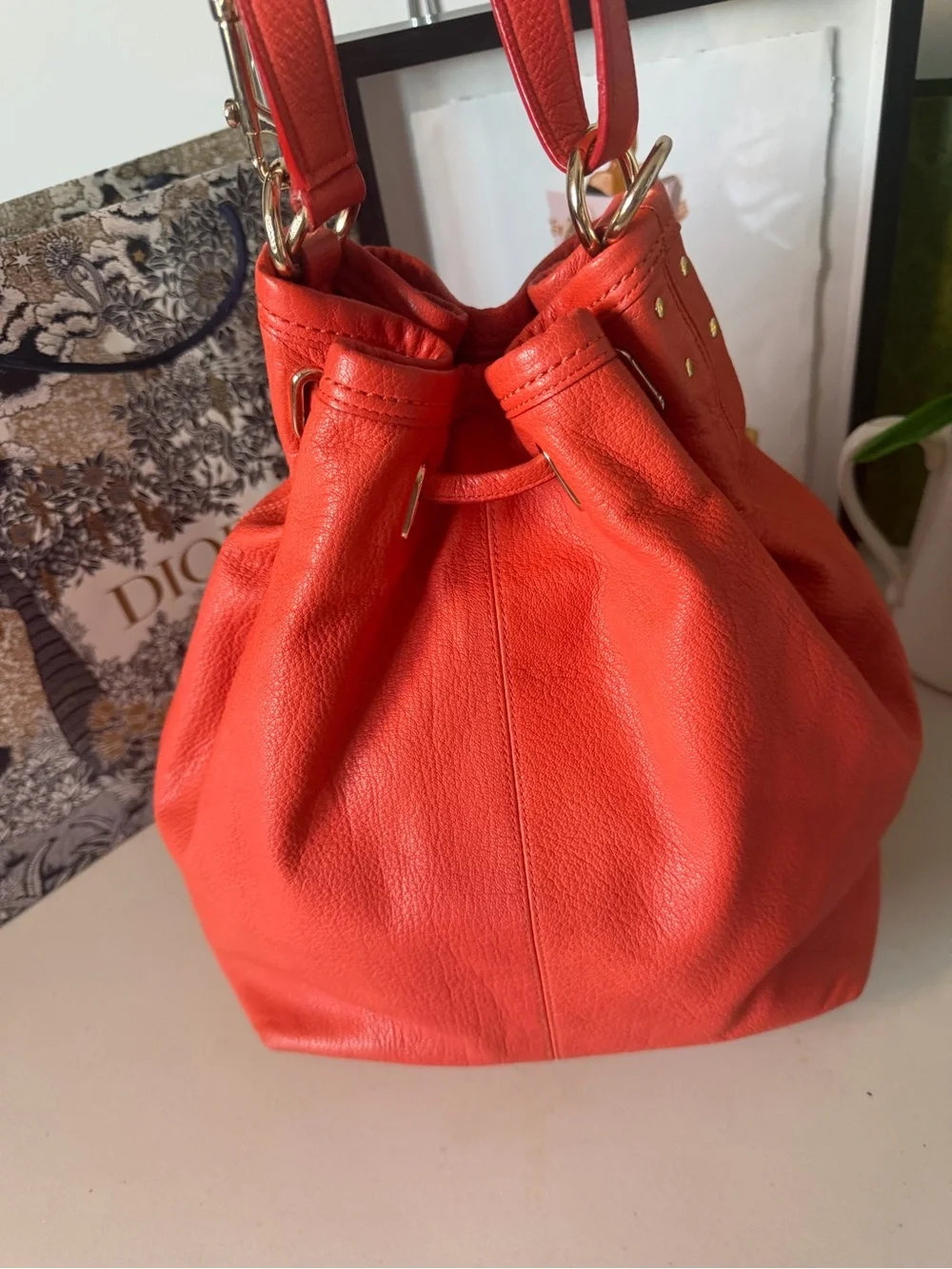 Coach Turnlock Tie Bucket Bag – Coral Pebbled Leather Drawstring Shoulder Bag